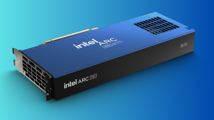 Intel Arc Pro B70 workstation graphics card with 32GB Battlemage memory