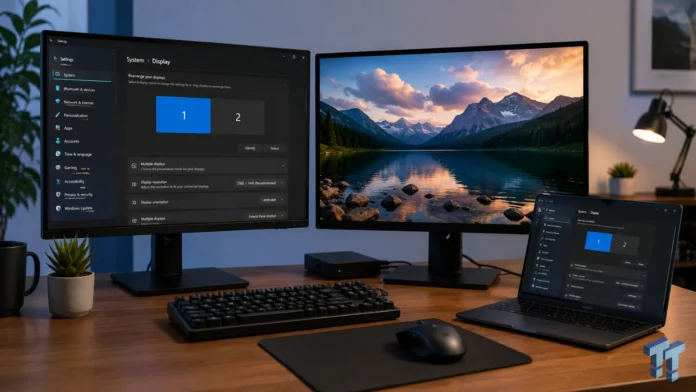 Dual monitor PC setup on a desk showing Windows display and layout settings