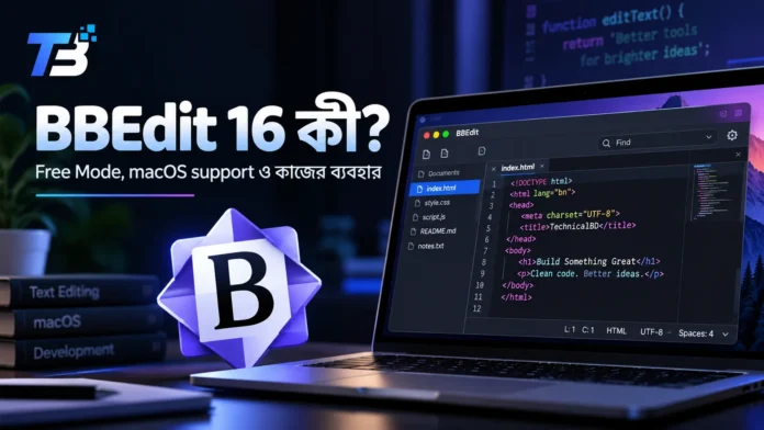 ম্যাকের স্ক্রিনে চালু থাকা BBEdit 16 টেক্সট এডিটর