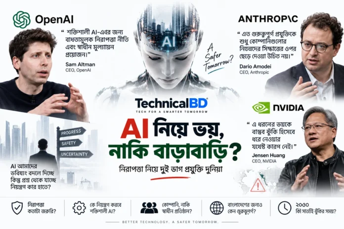AI নিরাপত্তা নিয়ে OpenAI Anthropic ও NVIDIA এর ভিন্ন অবস্থানের ধারণামূলক ছবি