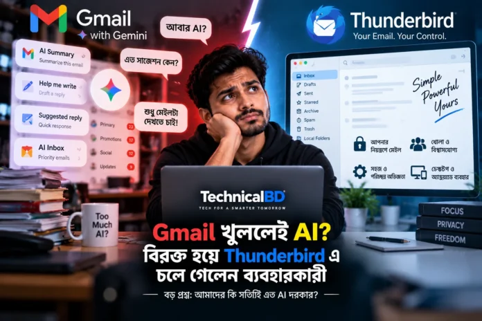 Gmail এর বাড়তি AI সুবিধা ও Thunderbird ইমেইল অ্যাপের তুলনামূলক ছবি