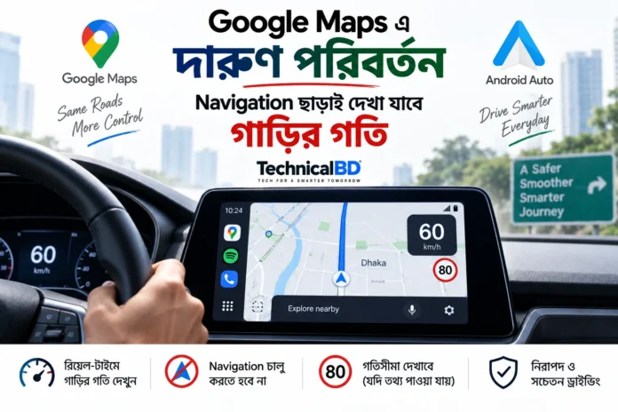 Android Auto তে Navigation ছাড়াই Google Maps এ গাড়ির বর্তমান গতি দেখানো হচ্ছে