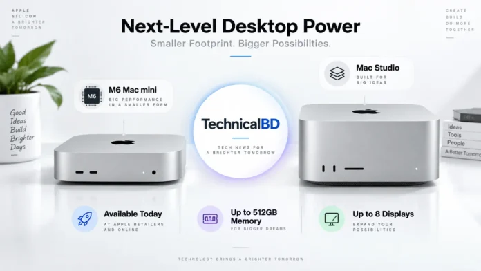 Apple এর নতুন M6 Mac mini এবং Mac Studio ডেস্কটপ কম্পিউটার, মাঝখানে TechnicalBD লোগো