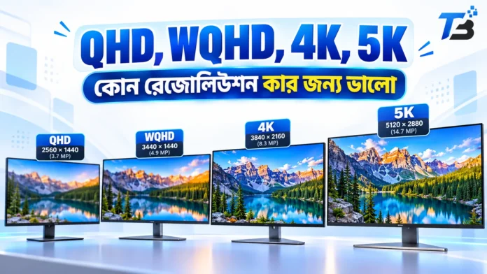 QHD 4K 5K মনিটর রেজোলিউশনের তুলনামূলক ছবি