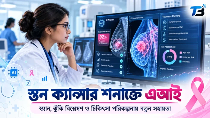 স্তন ক্যান্সার শনাক্ত ও চিকিৎসা বিশ্লেষণে AI ব্যবহারের ধারণামূলক ছবি