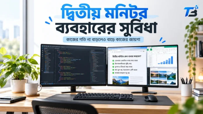 কম্পিউটারে দুটি মনিটর ব্যবহার করে কাজ করার দৃশ্য
